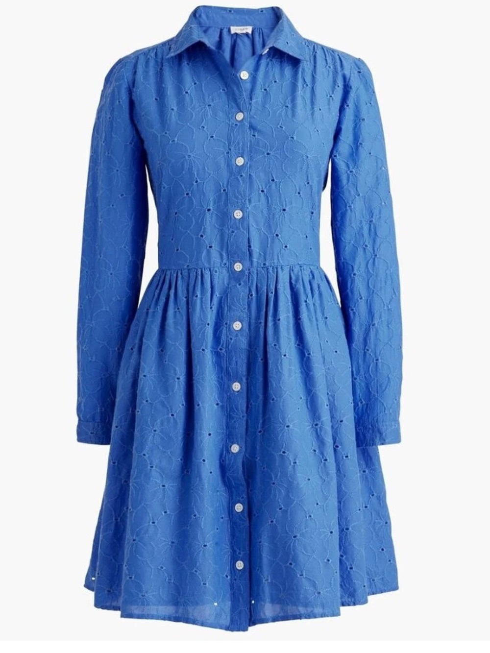 J.Crew Blue Eyelet Button Front Long Sleeve Mini Shirt Dress Size 14 Pockets - Picture 2 of 6